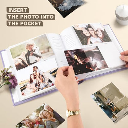 Photo Album Hold 200 4x6 Photos with Front Window for DIY (Purple) | Memo Writing Space,Suede Faux Leather Picture Albums, Picture Book 200 Pockets Fits 4x6 Photo, Travel Wedding Memories - color: Purple