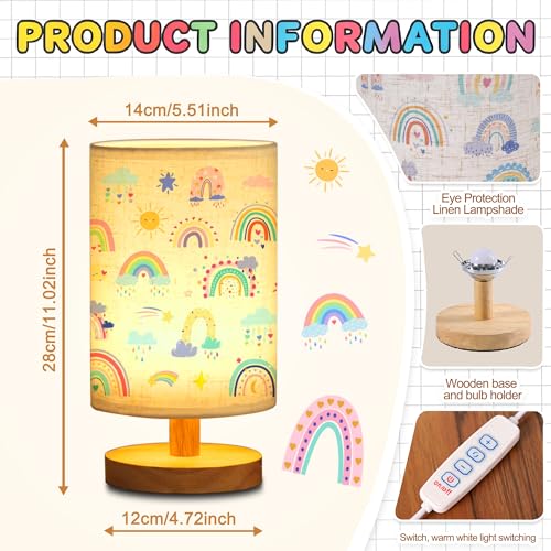 WSYEAR Rainbow Kids Table Lamp for Bedroom Kids Bedside Lamp with Linen Wooden Nightstand Cartoon Nursery Lampshade for Girls Boys Living Room - color: Rainbow