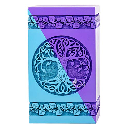 Wooden Urn for Human Ashes, 115 Cu in, Medium, Blue & Purple | Hand-carved wood, blue and purple, screw-locked sliding base, engraving available, holds up to 115 lb - color: Blue & Purple, size: Small - 8Hx4.75W (115 Cu/In)