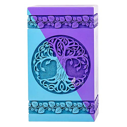 Wooden Urn for Human Ashes, 20 Cu in, Keepsake, Blue & Purple | Hand-carved wood, blue and purple, screw-locked sliding base, engraving available, holds a small share of ashes, to 20 lb - color: Blue & Purple, size: Keepsake - 3.50Hx2.00W (6.50 Cu/In)
