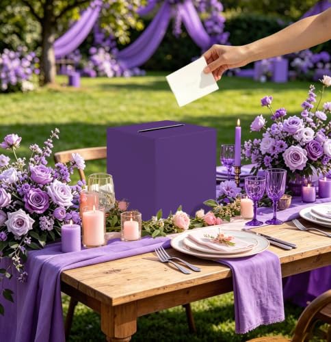 SietDESEO Purple Card Box with Slot Money Gift Card Box Holder for Party Wedding Reception Birthday Graduation Bridal Shower Baby Shower Diaper Raffle Box - color: PURPLE CARD BOX, size: 7.8 X 7.8 X 7.8 INCH
