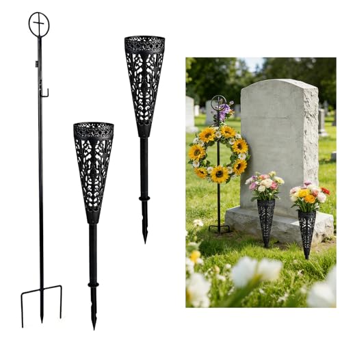 Cemetery Wreath Stand & Vase-38" Adjustable Metal Gravestone Wreath Holder - size: 1pcs Wreath Holders+2pcs Cemetery Vase
