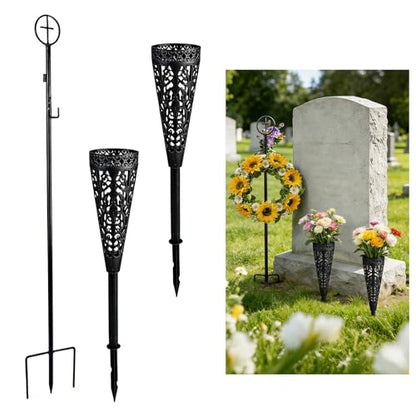 Cemetery Wreath Stand & Vase-38" Adjustable Metal Gravestone Wreath Holder - size: 1pcs Wreath Holders+2pcs Cemetery Vase