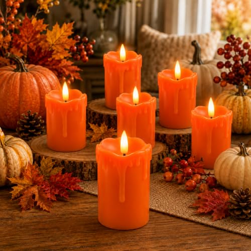 Lezonic Flameless Votive Candles Battery Operated with Remote Timer, Pack of 6 (D:2" X H:3") LED Orange Long Lasting Flickering Wax Candles, Halloween Thanksgiving Fall Decorations for Home - color: Orange( 2" x 3")