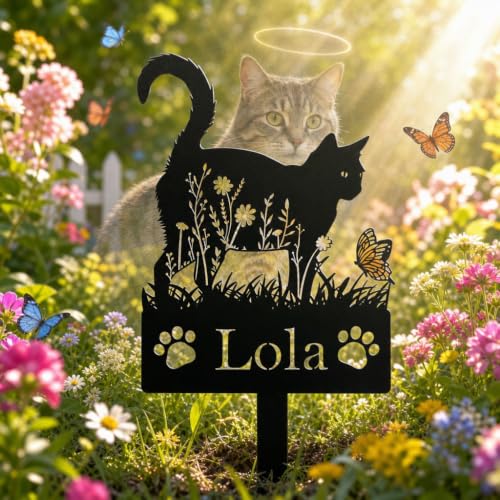 Custom Cat Memorial Garden Stake, Personalized Pet Grave Marker with Name, Metal Waterproof Cat Memorial Stones Alternative, Pet Loss Gifts for Cats - color: Cat 15