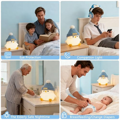 FAMIDUO Penguin Night Light for Kids, Silicone Nursery Lamp with Knit Hat - color: Grey Sitting Penguin