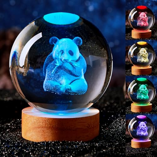 Large Panda Crystal Ball Night Light with Woodern Base, 3D Bear Crystal Lamp 16 Color Changing with Remote Control, Laser Engraved Glass Ball Lamp, Room Decor (Panda) - style: panda