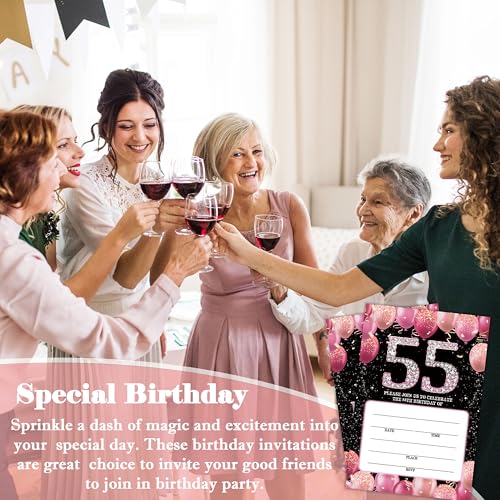 Birthday Invitations - 55th Bday Invites with Envelopes(25-Count) - Pink Balloon Glitter Fill-in Invite Cards for Party Supplies Favors Decorations - G03 - style: Pink Balloon 55th