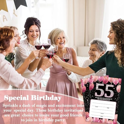 Birthday Invitations - 55th Bday Invites with Envelopes(25-Count) - Pink Balloon Glitter Fill-in Invite Cards for Party Supplies Favors Decorations - G03 - style: Pink Balloon 55th