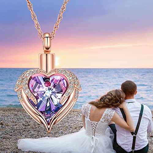 shajwo Angel Wing Heart Urn Necklace for Ashes - color: Rose Gold-Purple