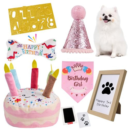 Dog Birthday Toy Set, Dog Squeaky Toys, Includes Squeaky Cake Toy, Plush Bones, Birthday Hats, Bandana, Paw Print Kit & Photo Frame. Pet Gift Supplies, Pink - color: Pink