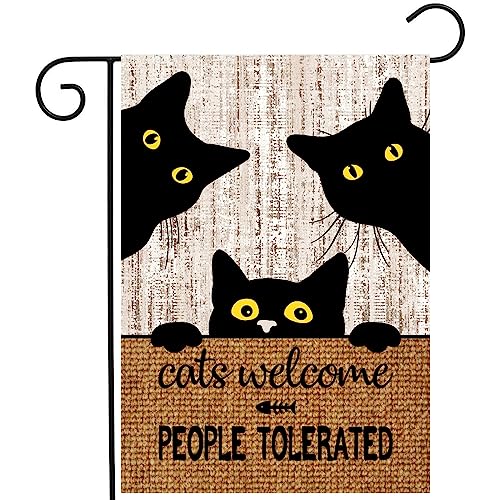 Black Cat Garden Flag Cats Welcome People Tolerated Sign Flag Halloween Banners for Outside 12 X 18 Double Sided Cat Lovers Gifts for Women - color: catscome
