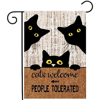Black Cat Garden Flag Cats Welcome People Tolerated Sign Flag Halloween Banners for Outside 12 X 18 Double Sided Cat Lovers Gifts for Women - color: catscome