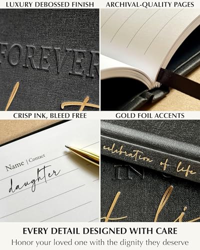 Funeral Guest Book Memorial Service – Celebration of Life Sign in Condolences Registry with Golden Pen | Elegant In Loving Memory Remembrance | Premium Hardcover 9 x 7 Inches, Table Sign & Back Pocket