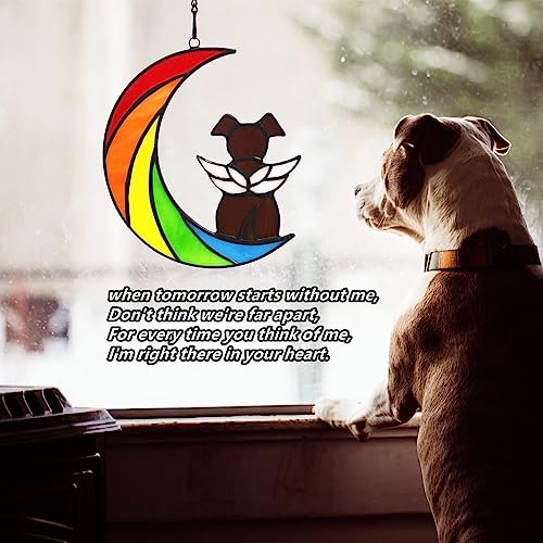 Stained Glass Rainbow Bridge Brown Dog Memorial Gifts for Loss of Dog Sympathy Remembrance Suncatcher, Thoughtful Pet Loss Bereavement Gifts in Memory of Pet Passing Away Window Hanging. - color: Rainbow - R