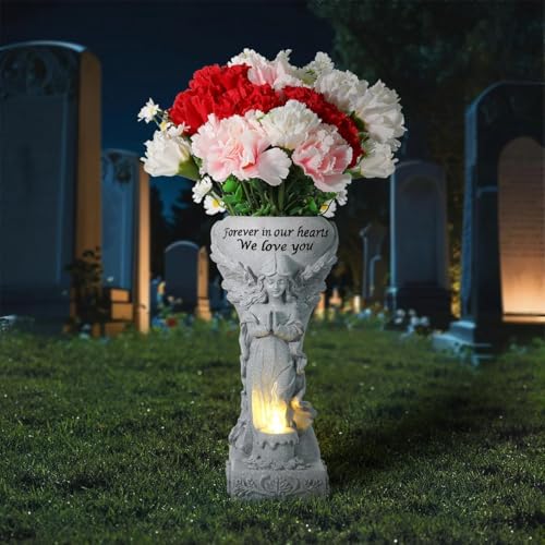 Lewondr Solar Cemetery Vase for Grave, Praying Angel Garden Stake Sculpture | Waterproof Memorial Flower Holder with Solar Candle Light, Sympathy Gifts for Loss of Loved One, Gray - color: Gray B