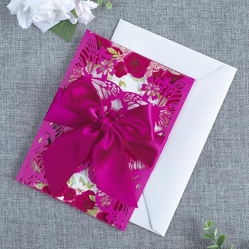 20 PCS Butterfly Quinceanera Invitation, Laser Cut Invitation Cards | 5.12x7.2" Fuchsia Butterfly Quinceanera Invitation with Envelopes for XV Anos Bridal Shower Baby Shower Invite - color: Fuchsia