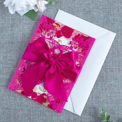 20 PCS Butterfly Quinceanera Invitation, Laser Cut Invitation Cards | 5.12x7.2" Fuchsia Butterfly Quinceanera Invitation with Envelopes for XV Anos Bridal Shower Baby Shower Invite - color: Fuchsia
