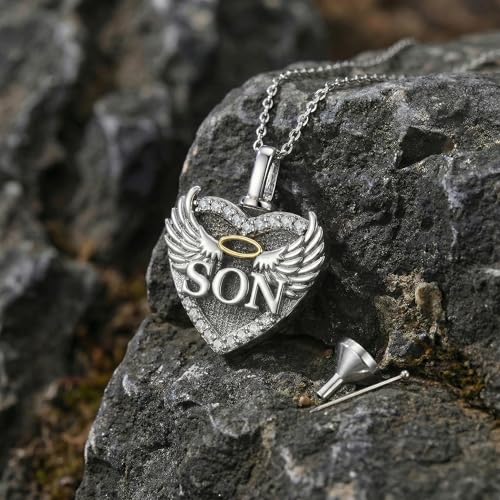 Family Members Urn Necklace for Ashes 925 Sterling Silver Angel Wings Heart Cremation Memorial Keepsake Pendant Jewelry for Loved One's Ashes, with 18" + 2" Stainless Steel Chain - style: Heart-Son