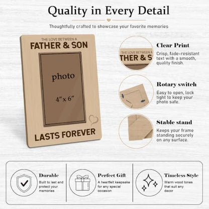 Father and Son Picture Frame Holds 4 x 6 Photo, Rustic Wooden Tabletop Keepsake with Lasts Forever Message, First Father’s Day Meaningful Gift - color: Father01