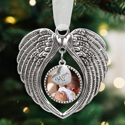 Christmas Ornaments Angel Wings with Custom Photo Frame for Loss of Loved One Remembrance Keepsake with Silk Ribbon & Red Gift Box - color: Mom
