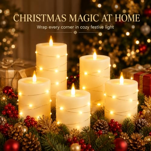 Upinmz Flickering Flameless Candles with Embedded String Lights, Battery Operated Candles with Remote Control and Timer,LED Candles for Home Decoration,Real Wax,3 Pack Ivory - size: Ivory-Wax-3 Pack