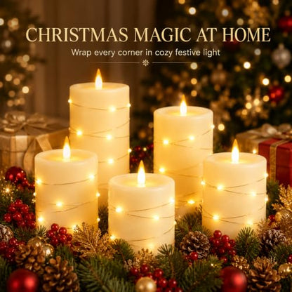 Upinmz Flickering Flameless Candles with Embedded String Lights, Battery Operated Candles with Remote Control and Timer,LED Candles for Home Decoration,Real Wax,3 Pack Ivory - size: Ivory-Wax-3 Pack
