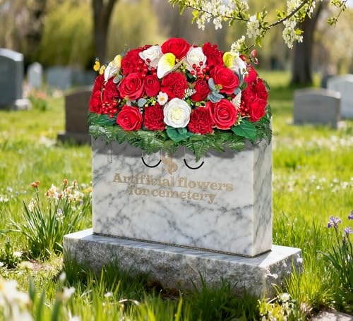 Artificial Cemetery Flowers - Headstone Flower Saddle - Outdoor Grave Decorations - Realistic Red Rose Carnation Mix Bouqet with 2 Lovely Butterflies
