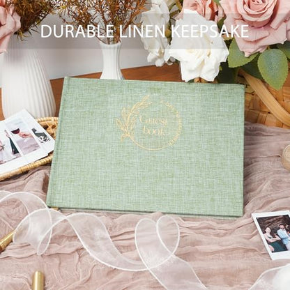 Green Linen Guest Book - Polaroid Photo Guestbook Sign (80 Pages) for Wedding Reception, Baby Shower & Graduation - Guest Sign-in Book - color: Green