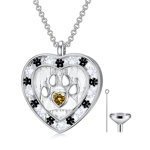 SOULMEET Memorial Pet Necklace for Ashes, Silver/White Gold Paw Print Urn Necklaces with Birthstone for Ashes Keepsake Cremation Jewelry for Pet Cats Dogs - style: K1-Locket Only-November