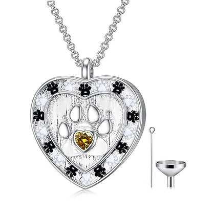 SOULMEET Memorial Pet Necklace for Ashes, Silver/White Gold Paw Print Urn Necklaces with Birthstone for Ashes Keepsake Cremation Jewelry for Pet Cats Dogs - style: K1-Locket Only-November