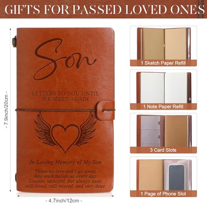 Fulmoon Memorial Gifts for Loss of Son, Letters to My Son in Heaven Included 1 Grief Journal Travel Photo Diary Journal 1 Pocket Hug 1 PU Leather Keychain 3 Ballpoint Pens Bereavement Gifts - style: Son