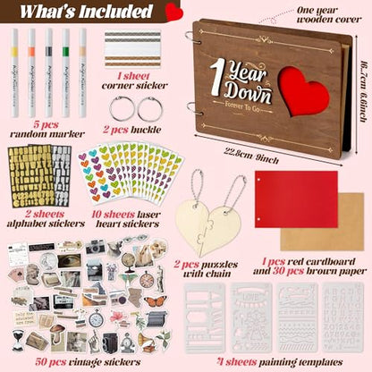 CY2SIDE Couple 1 Year Anniversary Scrapbook - 111PCS 1st Down Photo Wooden Album Scrapbook Craft Kit with Heart Puzzle Brown Paper Sticker Marker Template for DIY Anniversary Dating Gifts for Him Her - style: 1 Year Couple