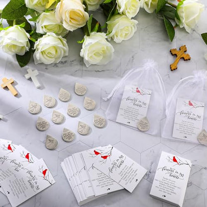 Ctosree 50 Set Funeral Gifts Celebration of Life Decorations Idea Mini Tear Shaped Memorial Ornament Pocket Token Cardinal Funeral Prayer Cards and Organza Bags Favors for Guests