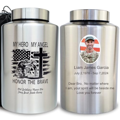 Large Customized Cremation Urns for Human Ashes, Hero Pattern | Full Size 220 lbs Capacity, Stainless Steel, Laser Engraving Name & Photo, For Adult Female & Male, Sealing Well & Durable - color: Hero-silver, size: Large 220 lbs - Personalized