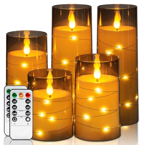 Homemory Flameless Candles with Embedded Star String Fairy Lights, Battery Operated Candles, LED Candle, Fake Candles with Remote Control and Timer for Halloween, Gray Acrylic, Set of 5(H4"5"6"8"8") - color: Gray, size: D3"x H4"5"6"8"8"