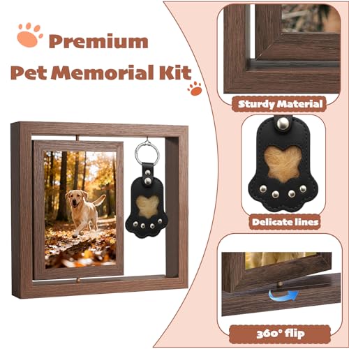 Dog Memorial Gifts for Loss of Dog Kits, Pet Memorial Kit Including 4×6 Photo Rotating Wooden Picture Frame, Paw Print Kit for Dogs and Cats, Dog Hair Keychain, Loss of Dog Sympathy Gift