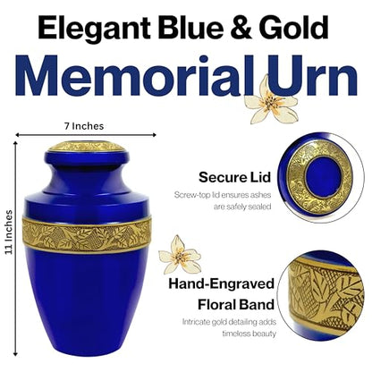 Cremation Urn for Human Ashes, Persian Blue & Gold - color: Persian Blue Gold, size: Hand-Etched Leaf - 7x11"