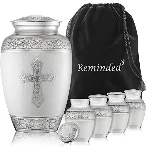 Reminded Set of 5 Engraved Cross Cremation Urns for Human Ashes - 1 Brass Adult + 4 Keepsake Token Size, White - color: White