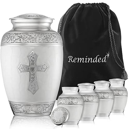 Reminded Set of 5 Engraved Cross Cremation Urns for Human Ashes - 1 Brass Adult + 4 Keepsake Token Size, White - color: White