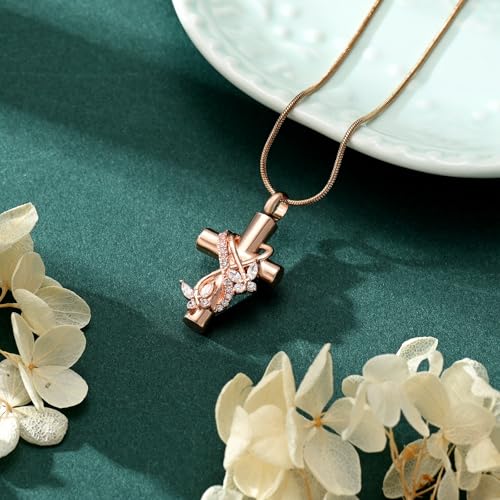 Butterfly Cross Cremation Jewelry Urn Necklaces Stainless Steel Cross Urn Necklaces for Ashes Memorial Keepsake Pendant for Women Gifts With Funnel Kit & Bag - color: Rose+White