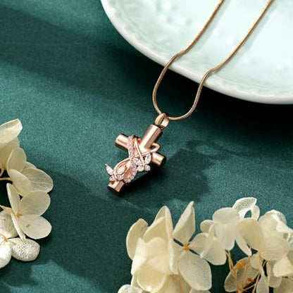 Butterfly Cross Cremation Jewelry Urn Necklaces Stainless Steel Cross Urn Necklaces for Ashes Memorial Keepsake Pendant for Women Gifts With Funnel Kit & Bag - color: Rose+White
