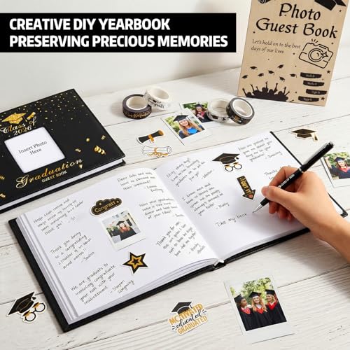 8 pcs Graduation Guest Book Photo Sign Decorations in Book 80 Pages | with Pen Stickers Washi Tape Wooden Stand Signature Scrapbook for College Gifts