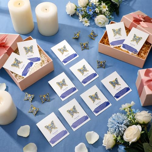 60 Sets Funeral Favors for Guests Butterfly Enamel Lapel Pins with Prayer Poem Memorial Cards Celebration of Life Gifts - color: Blue, style: Classic
