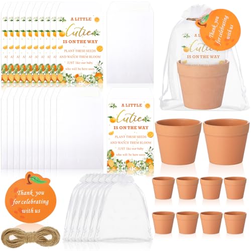 Ctosree 50 Sets Cutie Baby Shower Party Favors for Guests A Little Cutie Is on The Way Seed Packets Include Self Adhesive Seed Packets Flowerpot Thank You Tags Organza Bags for Orange Baby Shower - color: Cutie