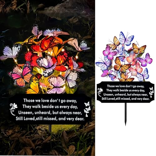 Solar Butterfly Memorial Stake for Graves - Metal Cemetery Garden Decor with LED Lights - Sympathy Remembrance Plaque to Honor Mother Father - Weatherproof Outdoor Bereavement Tribute(with Flowers) - style: Dear with Flowers