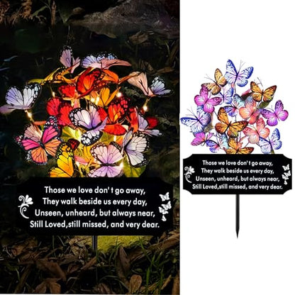 Solar Butterfly Memorial Stake for Graves - Metal Cemetery Garden Decor with LED Lights - Sympathy Remembrance Plaque to Honor Mother Father - Weatherproof Outdoor Bereavement Tribute(with Flowers) - style: Dear with Flowers