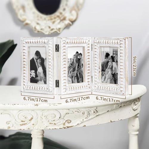 MODE HOME Whitewashed Folding 3 Picture Frame 4x6, Wooden Triple 4 x 6 Picture Frame for Tabletop Display, Farmhouse Picture Frames with Hinged Design, Family Photo Frame 4x6 - color: White, size: 3 Folding 4x6