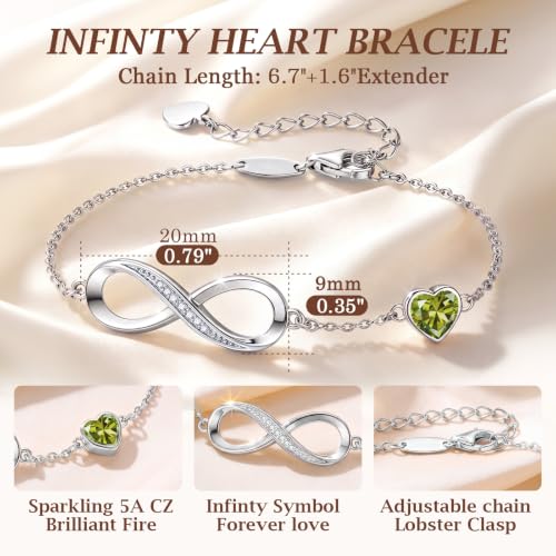CDE 925 Sterling Silver Infinity Birthstone Bracelet Jewelry Gift for Women | Hypoallergenic,Non Tarnish,Heart CZ,Nickel-Free & Lead-Free,Anniversary Christmas Birthday Idea Gifts for Wife Girlfriend Her - color: 08-Aug