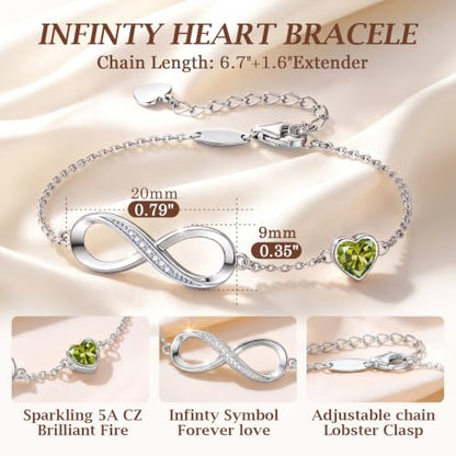 CDE 925 Sterling Silver Infinity Birthstone Bracelet Jewelry Gift for Women | Hypoallergenic,Non Tarnish,Heart CZ,Nickel-Free & Lead-Free,Anniversary Christmas Birthday Idea Gifts for Wife Girlfriend Her - color: 08-Aug